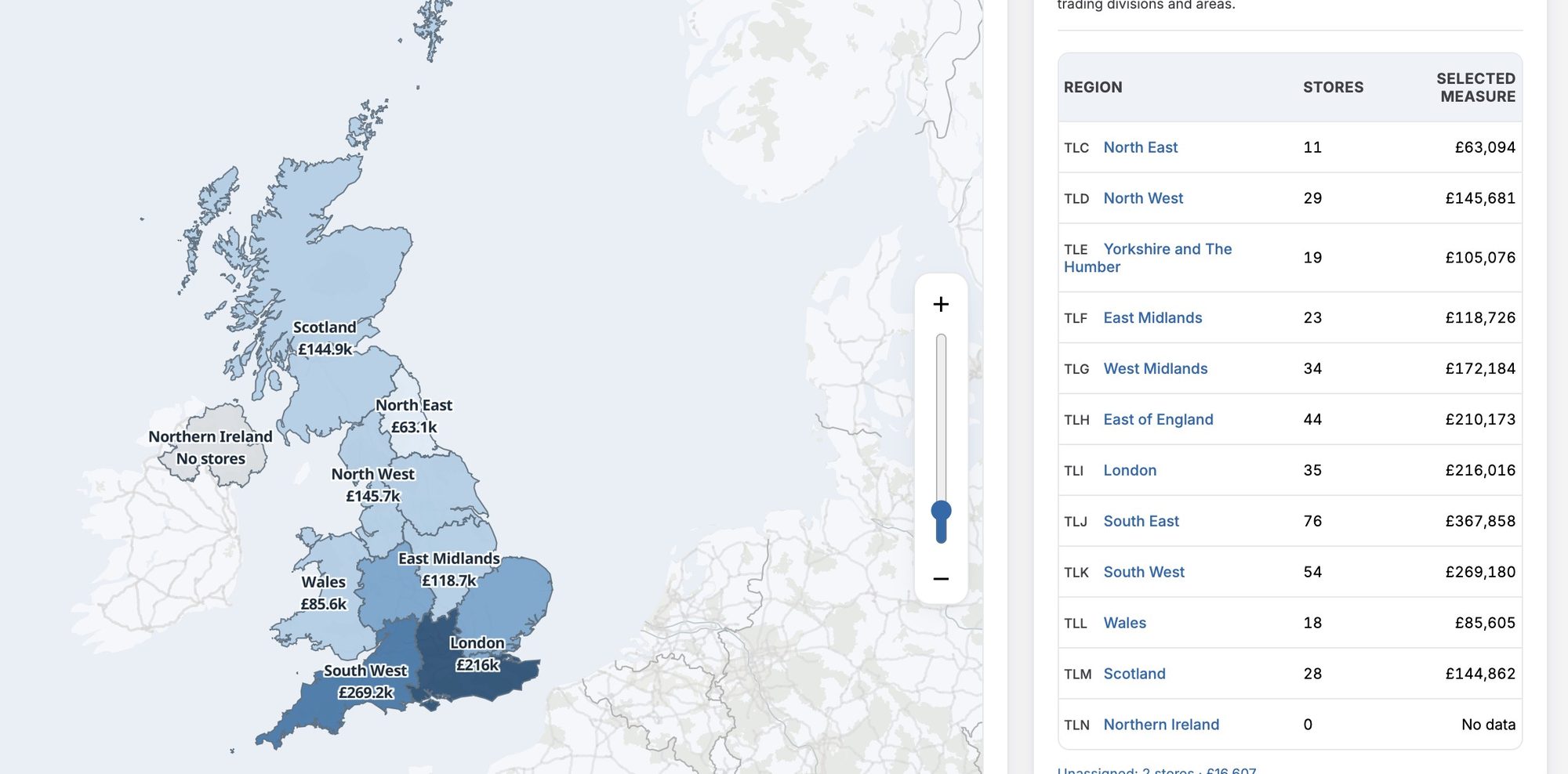 Map of the UK shaded by sales in each official region, darkest in London and the South